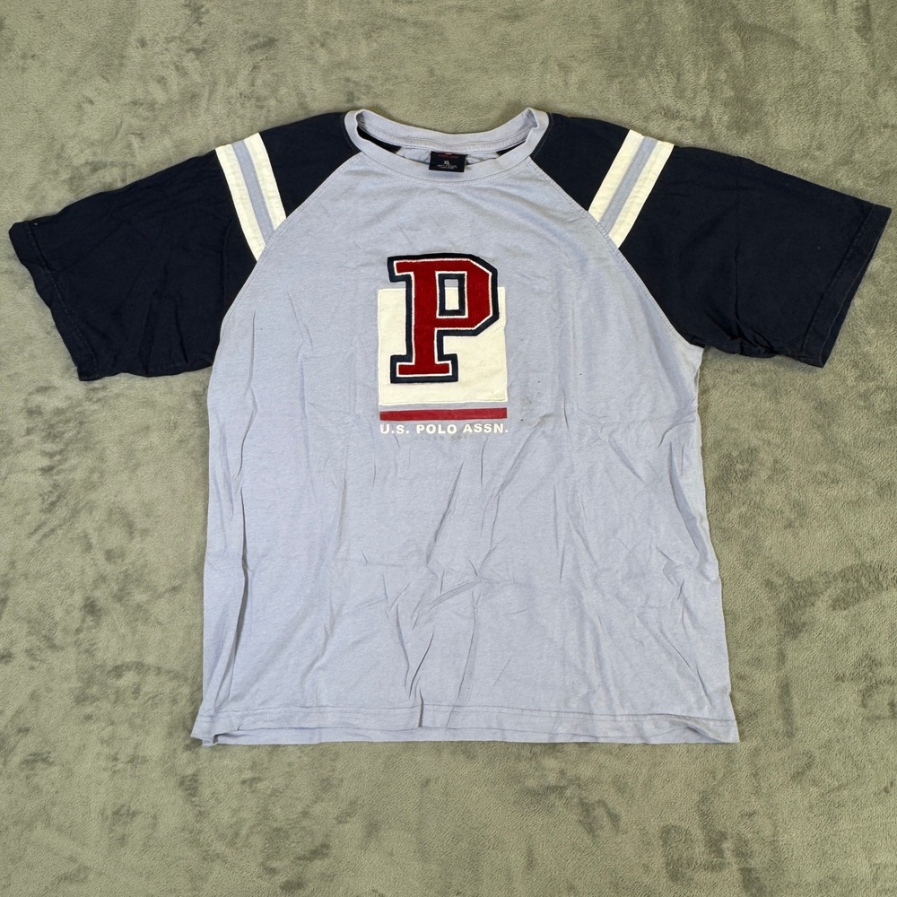 US Polo Assn Mens XL T-Shirt Blue Raglan Short Sleeve Chenille Patch Logo Tee